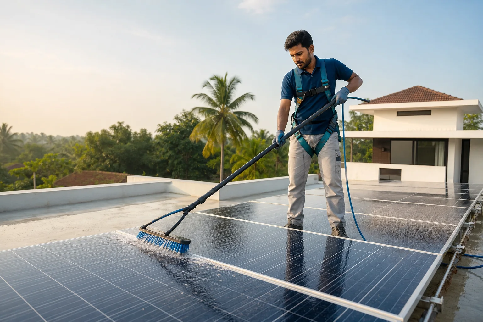 Solar-care technician cleaning rooftop solar panels in Kerala