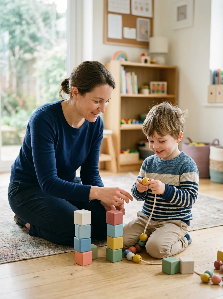 A paediatric occupational therapist playing on the floor with a young child during a therapy session