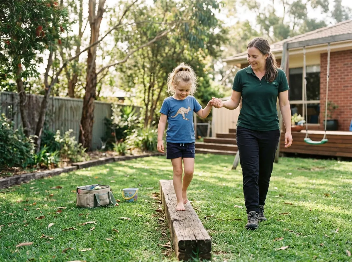 An occupational therapist supporting a child during a home visit in the family living room