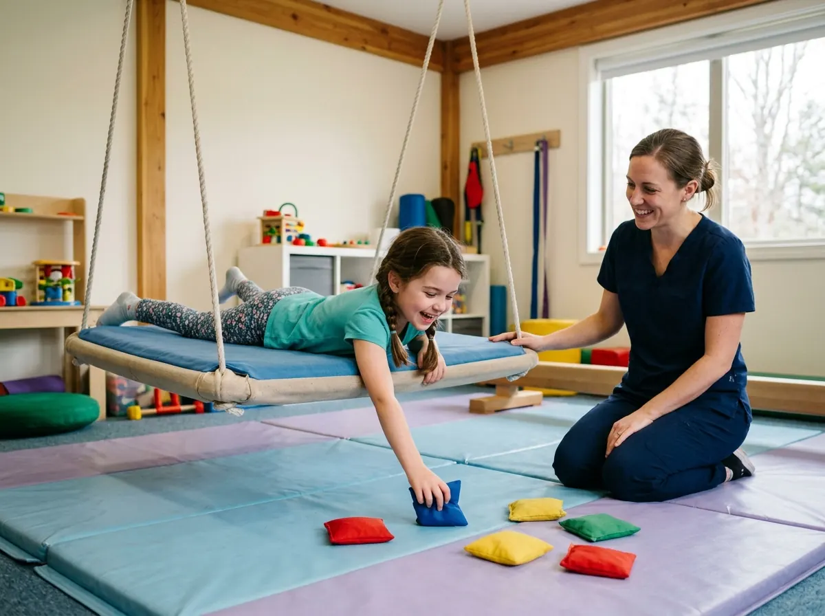 Child building motor skills during individual therapy session