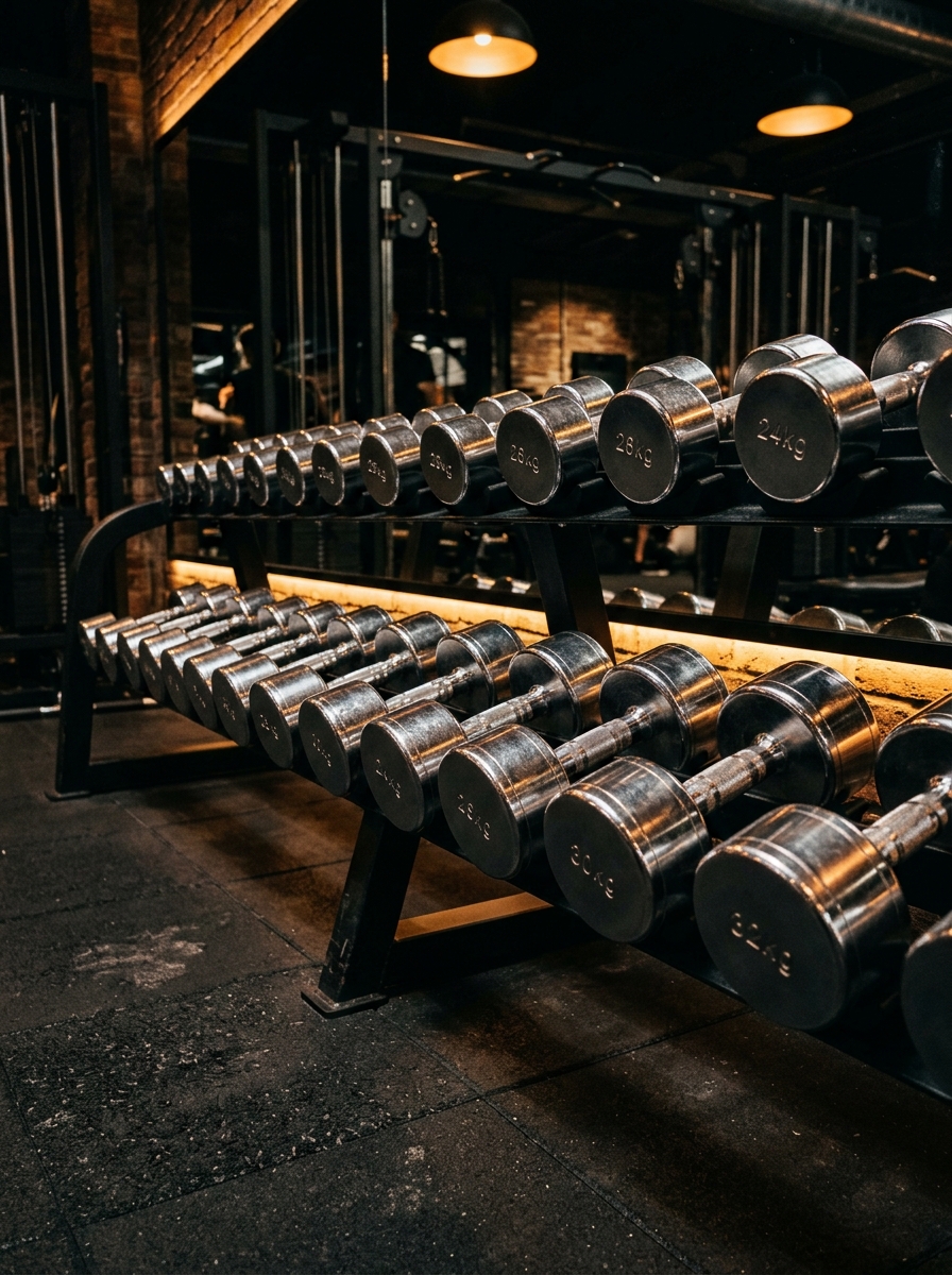 Imported biomechanical gym equipment with chrome dumbbells at Phinix Burn Fitness