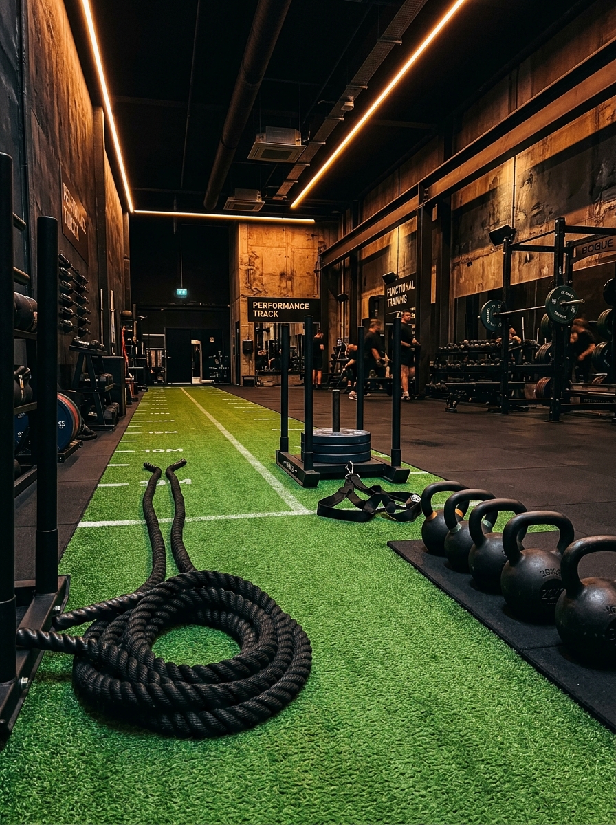 Green sprint turf with battle ropes and functional training equipment