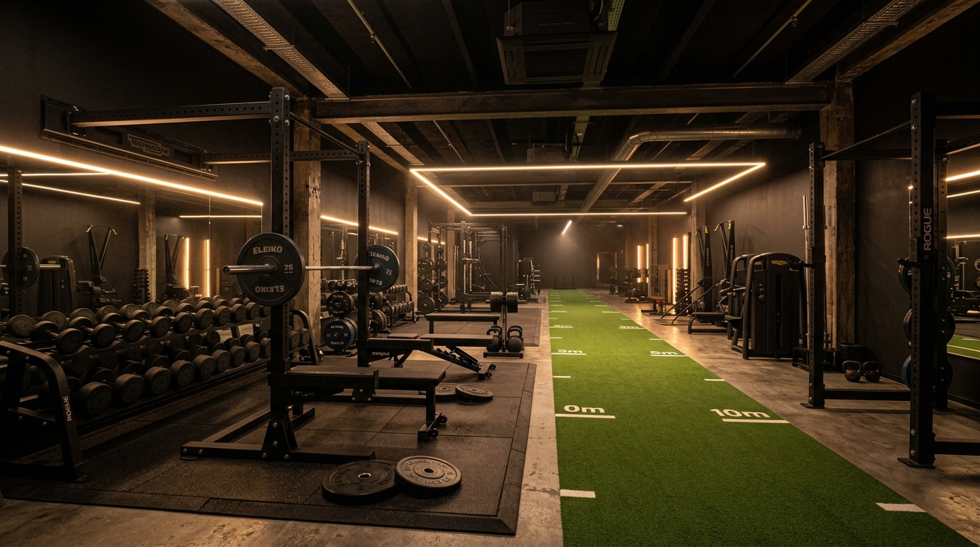 Phinix Burn Fitness premium gym floor with amber lighting and green turf track