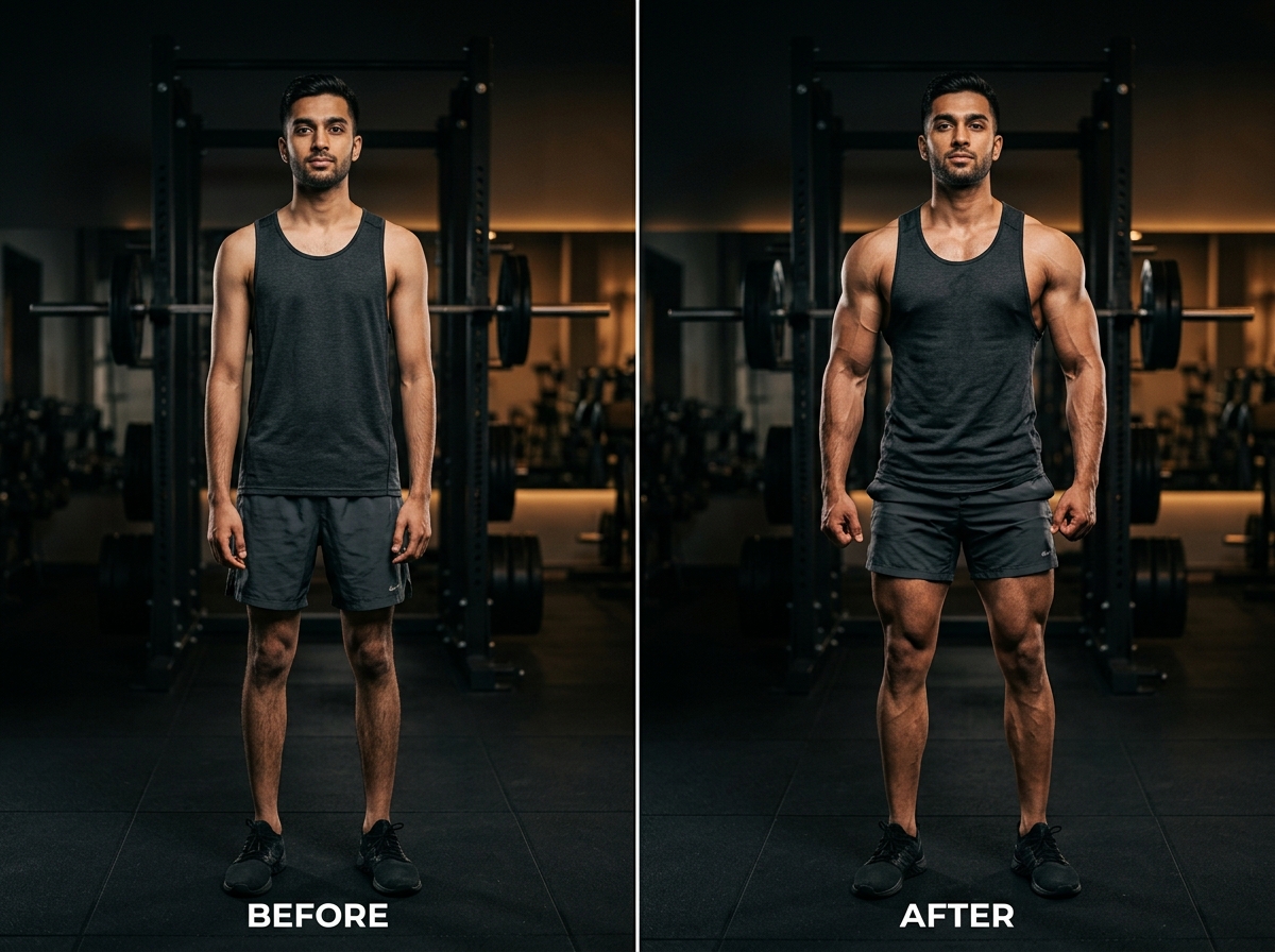 Arjun Krishnan 120-day lean muscle bulk transformation before and after