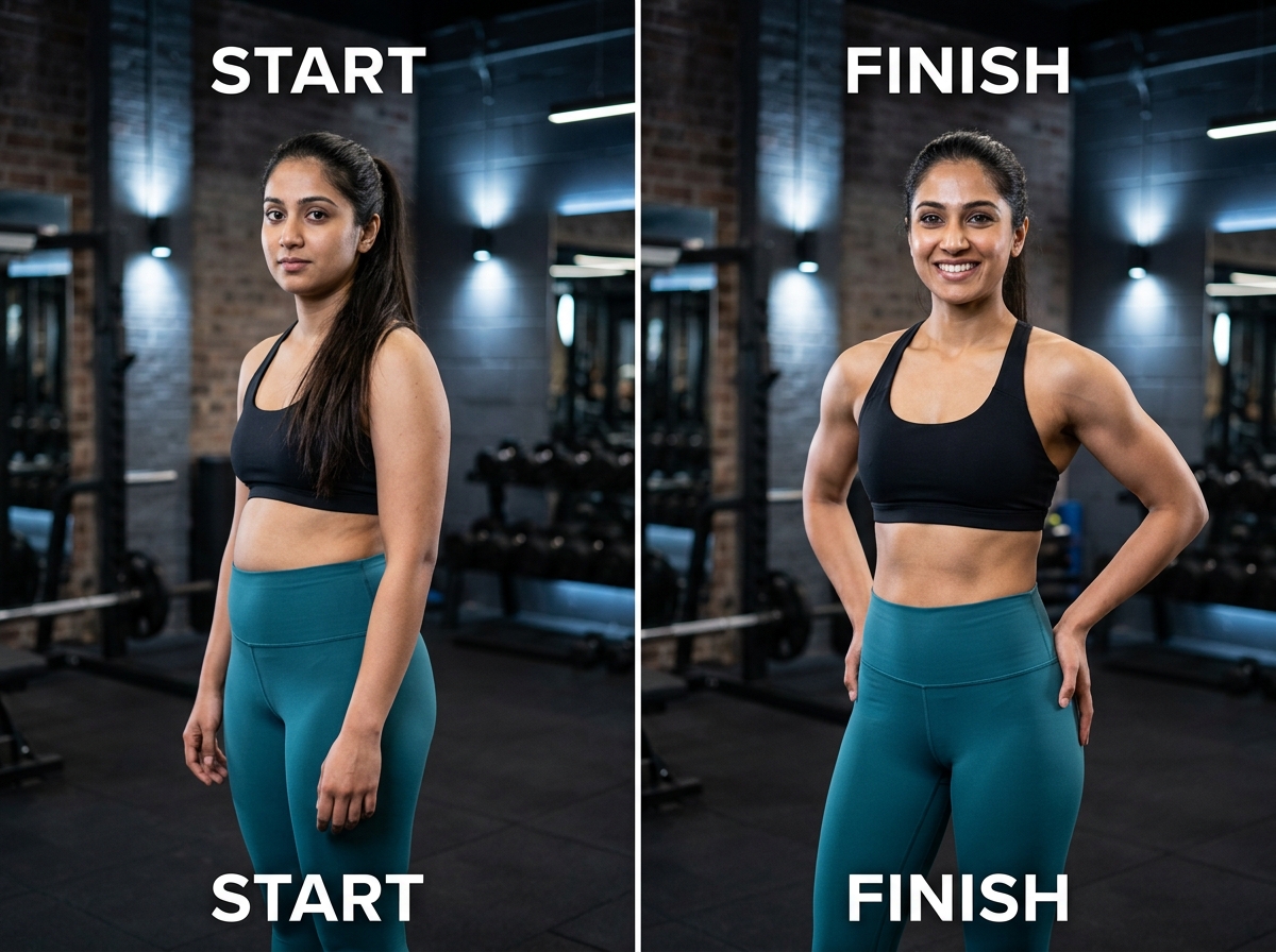 Fathima Zahra 90-day total body fitness transformation before and after