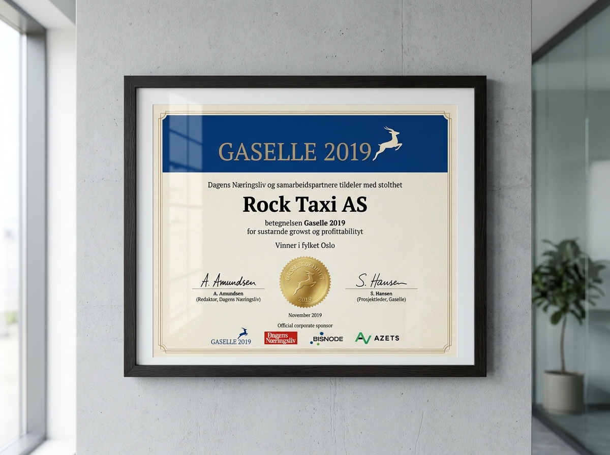Dagens Næringsliv Gaselle 2019 diplom tildelt Rock Taxi AS