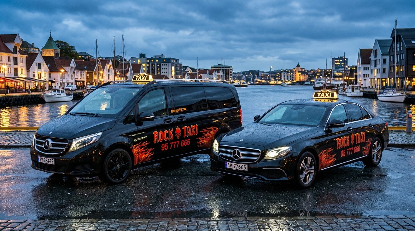 To sorte Mercedes-Benz Rock Taxi-biler oppstilt i Stavanger havn med Rock Taxi 95 777 666 dekaler og RO-3015 takskilt